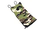 A 1/10 scale camouflage sleeping bag accessory for RC crawlers, featuring a green, brown, and black camo pattern with black elastic loops.