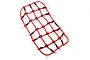 A red elastic luggage net for 1/10 scale RC vehicles, featuring black connectors and metal hooks around the perimeter.