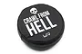 A black circular RC crawler spare tyre cover with a white skull icon and the text CRAWL FROM HELL printed on the front.