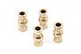 Four brass hollow ball pivot connectors for RC car suspension, arranged on a white background.