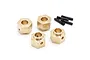 Four brass 12mm hex wheel adapters and four small black metal pins for an RC vehicle, arranged on a white background.