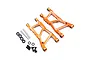 Two orange anodized aluminium rear lower suspension arms for HPI RS4 Sport 3 with included metal pins, screws, and rubber O-rings on a white background.