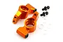 A pair of orange anodized aluminium rear hub carriers for an HPI Sprint 2 RC car, including two ball studs and four small washers.