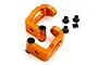 Two orange anodized aluminium front hub carriers for HPI Sprint 2 with four small black plastic bushings on a white background.