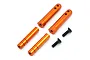 A set of four orange anodized aluminium battery posts and two black countersunk screws for an RC car on a white background.