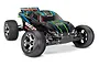 Traxxas Rustler VXL 1/10 scale RC stadium truck with a black, blue, and green body on a white background.
