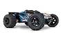 Traxxas E-Revo 6S brushless RC monster truck with blue, orange, and white graphic body, black wheels, and aggressive off-road tires.