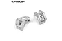 Two silver aluminium AR60 dual shock and link mounts by Vanquish Products on a white background.