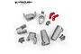 Vanquish Stage One silver aluminium steering kit for RC vehicles, including hubs, knuckles, and hardware.
