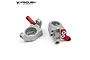 A pair of silver aluminium steering knuckles for an RC vehicle with red anodised steering arms, set against a white background.