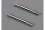 Two shiny silver metal shock shafts for Traxxas RC cars, shown side-by-side on a grey background.