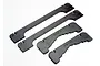 Four black foam pieces for a Traxxas Spartan boat stand, including two long side rails and two shorter cross-members labeled FRONT and REAR.