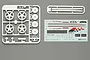 Tamiya 1/24 scale Nissan GT-R R34 Nismo dress-up parts set including plastic sprues with wheels and a decal sheet.
