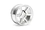 A single silver-coloured 6-spoke RC car wheel rim on a white background.