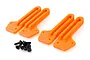 Four orange 3D-printed body mount extenders for an RC car, accompanied by a small set of black screws and nuts on a white background.