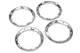 Four silver aluminium beadlock rings for RC wheels arranged on a white background.