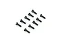A set of ten black metal cap head screws arranged in a staggered pattern against a white background.
