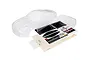 An unpainted clear polycarbonate Ford Mustang RC car body shell with a decal sheet and small hardware components on a white background.