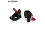 Two black and red aluminium steering knuckles for an RC crawler, set against a plain white background with the Vanquish Products logo.