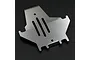 A stainless steel centre skid plate for an RC crawler, featuring a flat, angular design with cutouts and mounting holes, set against a dark background.