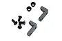 Two grey L-shaped aluminium servo mounts with black screws and washers on a white background.