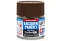A 10ml glass jar of Tamiya LP-17 Linoleum Deck Brown lacquer paint with a brown ribbed screw cap against a white background.