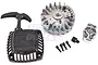 Rovan Easy Start pull start kit including a black plastic pull starter, metal flywheel, mounting screws, and a starter pawl assembly on a white background.