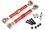 Two red anodized aluminium steering linkages with metal ball ends, accompanied by four black screws, four metal spacers, and four nylon lock nuts.