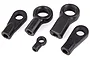 A set of five black plastic ball ends of varying sizes for RC car suspension and steering linkages.