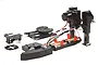 Tamiya 1/14 scale motorized trailer support legs kit featuring black plastic components, a small electric motor, wiring, and a battery holder.