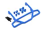 RPM blue rear bumper for Traxxas Rustler RC car with mounting hardware and spacers on a white background.