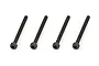 Four black metal cap head screws with hexagonal sockets arranged in a row against a white background.