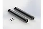 Two gunmetal grey aluminium drive shaft sliders and two small metal pins on a white background.
