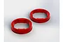 Two red anodized aluminium centre differential cams for ARRMA RC vehicles, shown from a high-angle perspective on a plain white background.