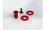 ARRMA red aluminium servo saver parts set including a sleeve, a hex-based post, and two circular washers on a white background.