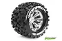 A single Louise 3.8 inch MT-Uphill RC monster truck tyre mounted on a chrome-finished multi-spoke wheel against a white background.