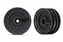 Two black Traxxas TRX-4 Tactical 1.9-inch crawler wheels shown from front and angled perspectives against a white background.