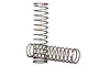 Two Traxxas TRX-4 shock springs with a white stripe marking, shown standing upright and lying horizontally against a white background.