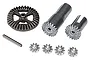 A set of metal differential gears and a small metal pin for LaTrax RC vehicles, including a large ring gear, two pinion shafts, and four small spider gears.