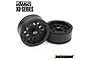 Two black Vanquish KMC XD229 1.9 inch beadlock rims for RC crawlers, shown against a white background with branding logos.