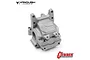 A silver aluminium Currie F9 bulkhead for RC vehicles, featuring machined metal construction and branded logos.