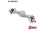 A silver Vanquish Currie F9 portal axle housing for an RC crawler, featuring red accents and branding logos on a white background.