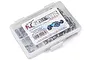 A clear plastic storage box filled with various stainless steel screws for a Traxxas E-Revo VXL 2.0 RC car, featuring an RC Screwz label.