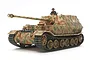 A 1/48 scale Tamiya Elefant tank model kit, painted in a camouflage pattern with a tank commander figure in the hatch.