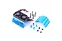 Yeah Racing blue aluminium heat sink with twin cooling fans, mounting hardware, and a separate blue cover on a white background.