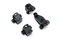 A set of four black anodized aluminium suspension link axle mounts for an RC crawler, arranged on a white background.