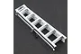 A silver aluminium scale RC ladder accessory with a small black chain attached, viewed from an angle against a black textured background.