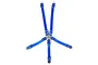 A 1/10 scale blue five-point racing harness seat belt accessory for RC cars, featuring fabric straps, metal buckles, and a central circular latch.