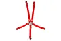 A red five-point racing harness seat belt accessory for 1/10 scale RC cars, featuring metal buckles and adjustment sliders.