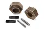 Two steel 12mm wheel hexes, two axle pins, and two threaded set screws for Traxxas TRX-4 RC vehicles.